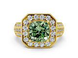 Yellow gold Fancy Green Cushion Cut Halo Diamond Engagement Ring with Pave Split Shank and Four-Prong Setting