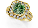 Yellow gold Fancy Green Cushion Cut Halo Diamond Engagement Ring with Pave Split Shank and Four-Prong Setting_1