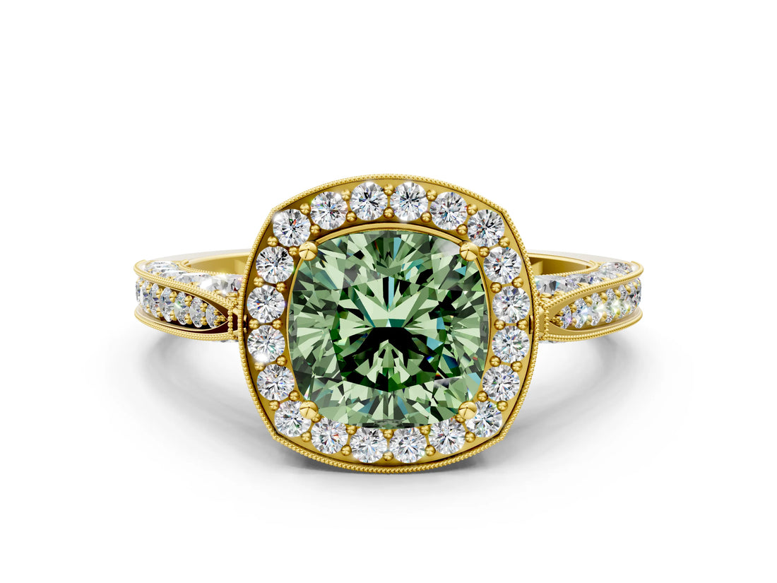Yellow gold Fancy Green Cushion Cut Halo Diamond Engagement Ring with Split Shank Band and Four-Prong Setting