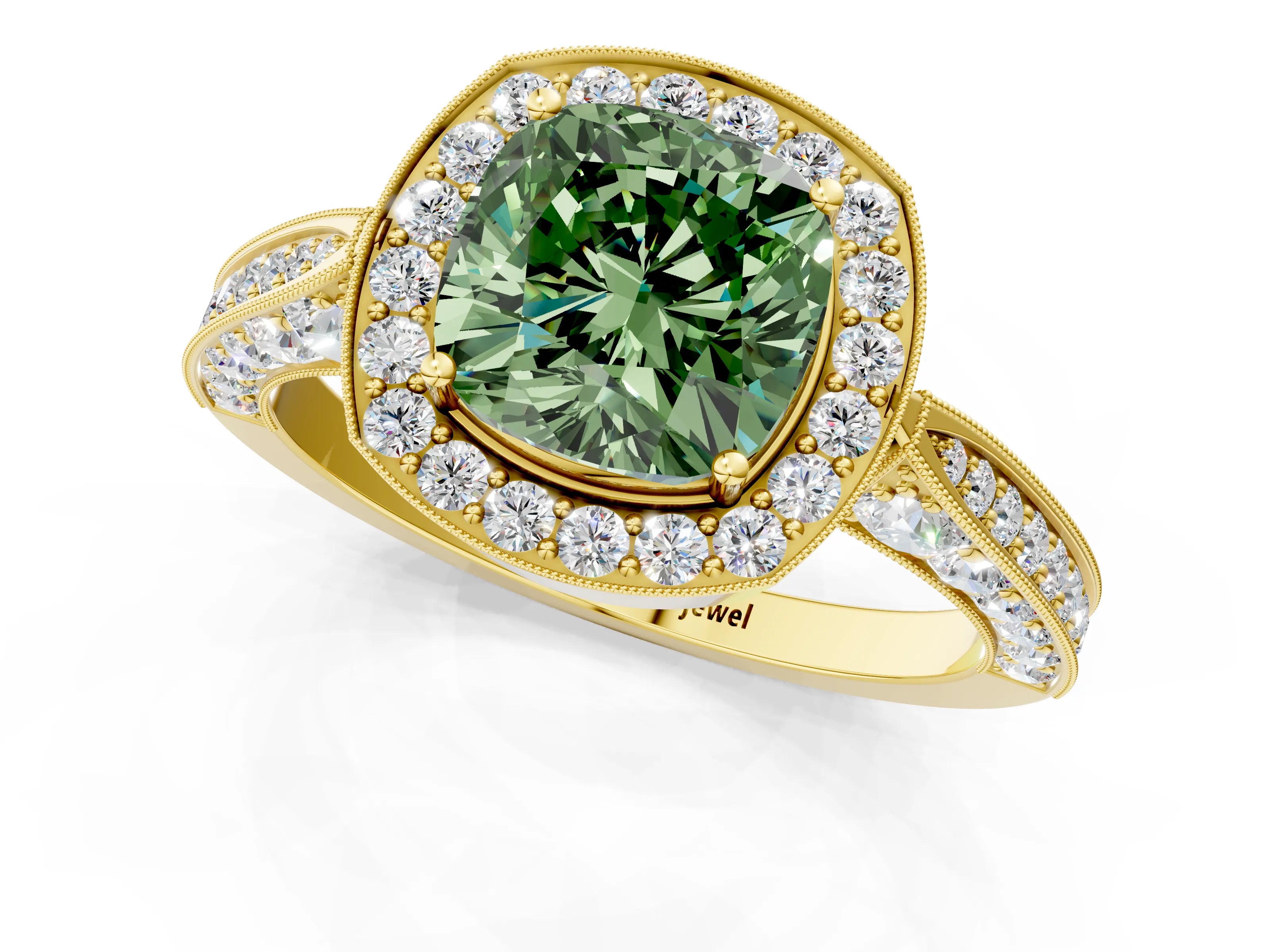 Yellow gold Fancy Green Cushion Cut Halo Diamond Engagement Ring with Split Shank Band and Four-Prong Setting_1