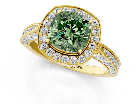 Yellow gold Fancy Green Cushion Cut Halo Diamond Engagement Ring with Split Shank Band and Four-Prong Setting_1
