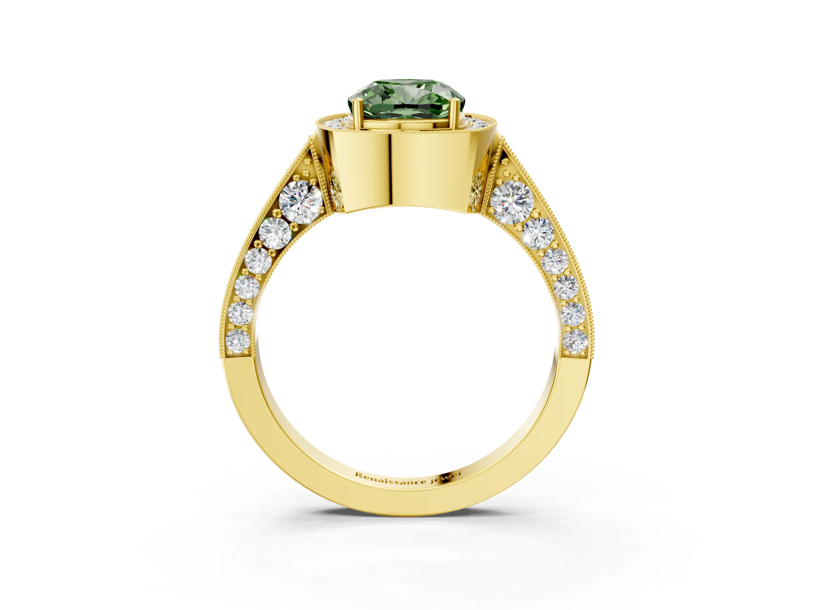 Yellow gold Fancy Green Cushion Cut Halo Diamond Engagement Ring with Split Shank Band and Four-Prong Setting_3