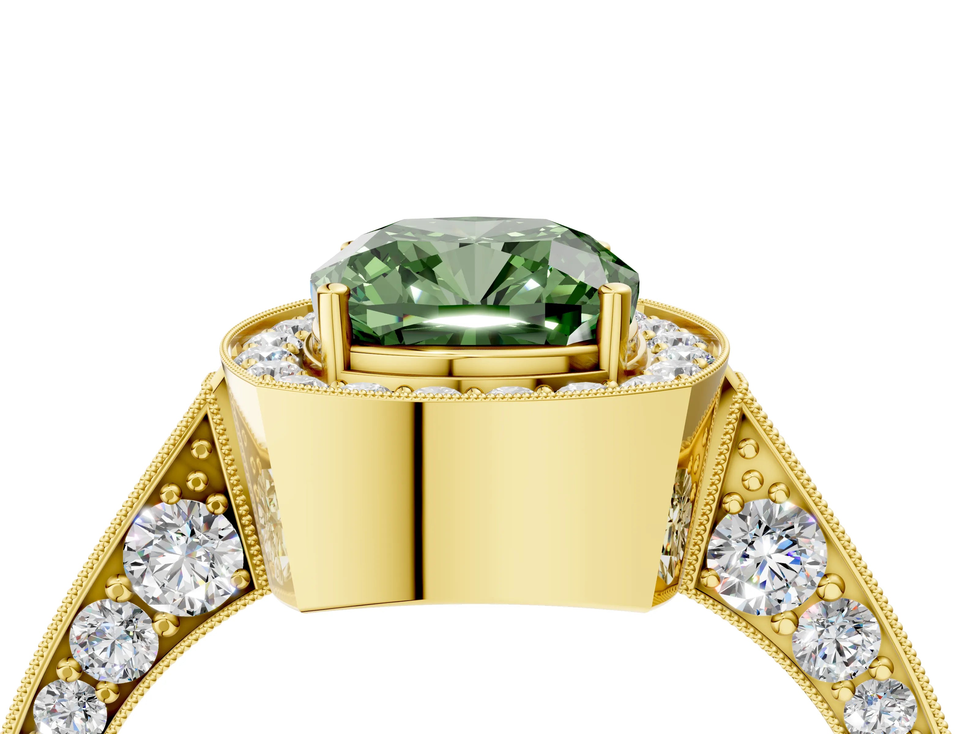 Yellow gold Fancy Green Cushion Cut Halo Diamond Engagement Ring with Split Shank Band and Four-Prong Setting_4