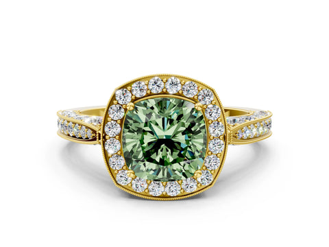 Yellow gold Fancy Green Cushion Cut Halo Diamond Engagement Ring with Split Shank Band and Four-Prong Setting
