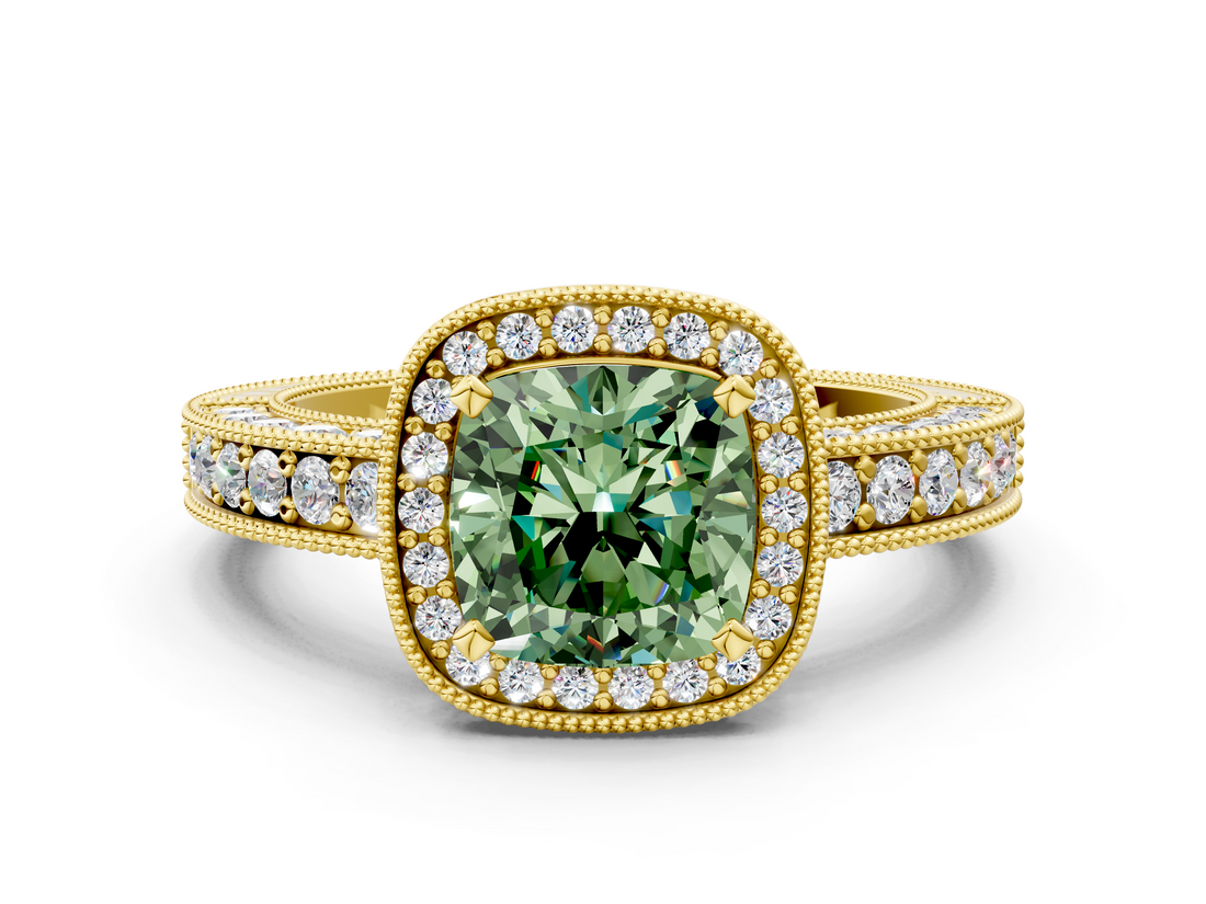 Yellow gold Fancy Green Cushion  Cut Halo Diamond Pave Band Ring with Four-Prong Setting_45