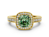 Yellow gold Fancy Green Cushion  Cut Halo Diamond Pave Band Ring with Four-Prong Setting_45