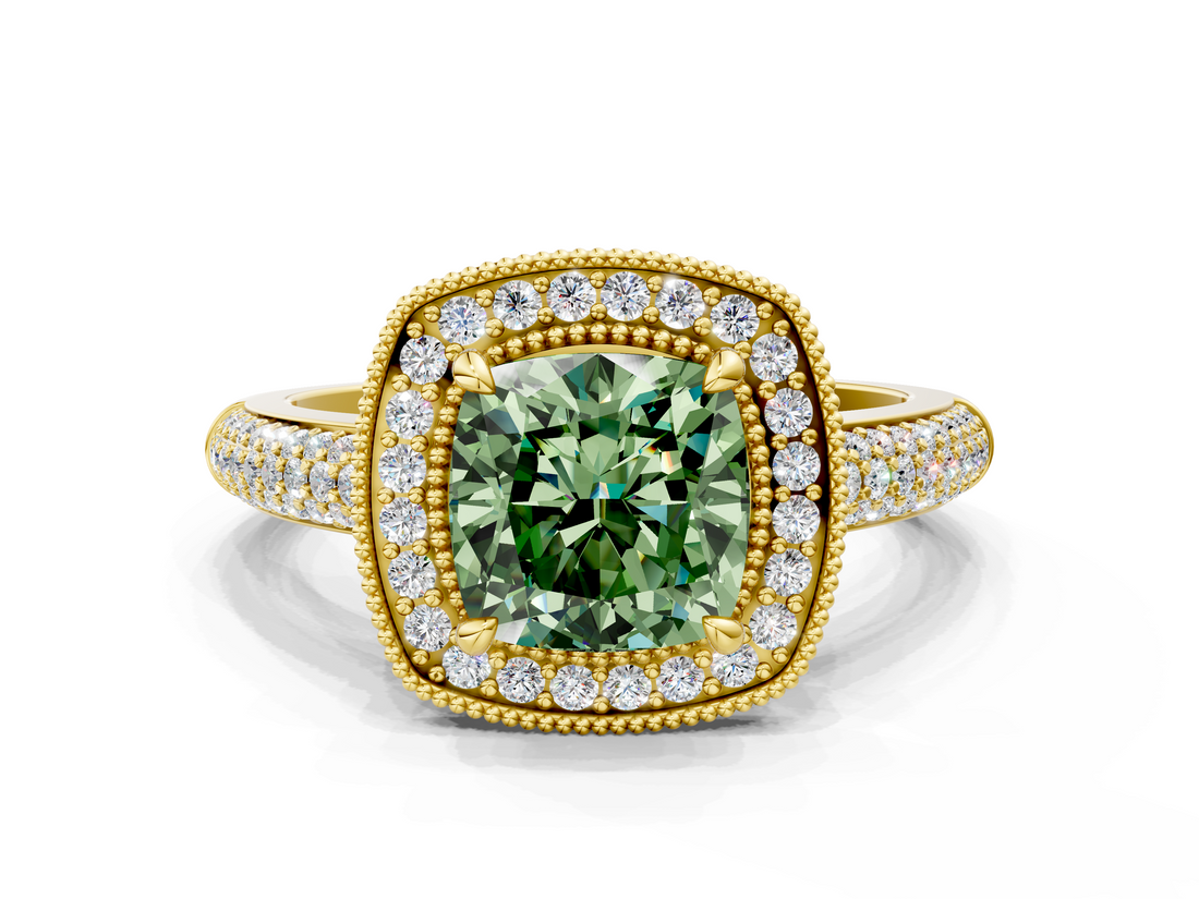 Yellow gold Fancy Green Cushion  Cut Halo Diamond Pave Band with Four-Prong Setting_37