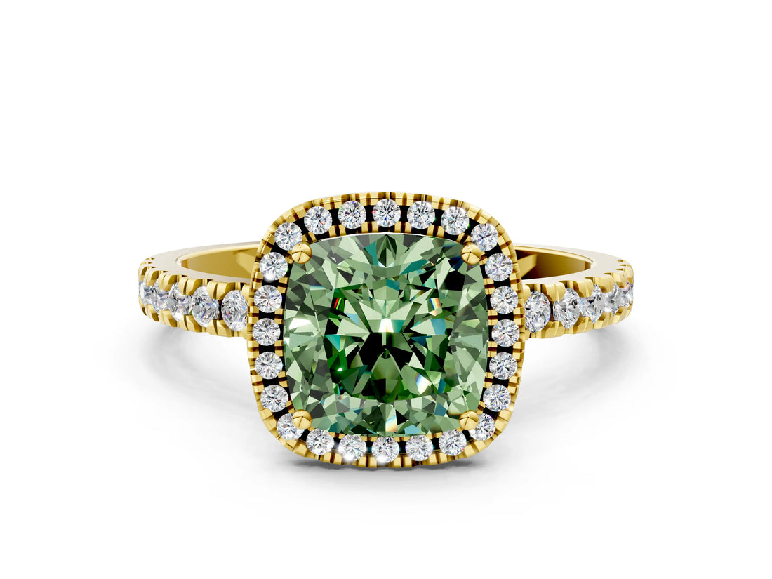 Yellow gold Fancy Green Cushion Cut Halo Diamond Pave Band with Prong Setting