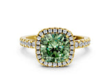 Yellow gold Fancy Green Cushion Cut Halo Diamond Pave Band with Prong Setting