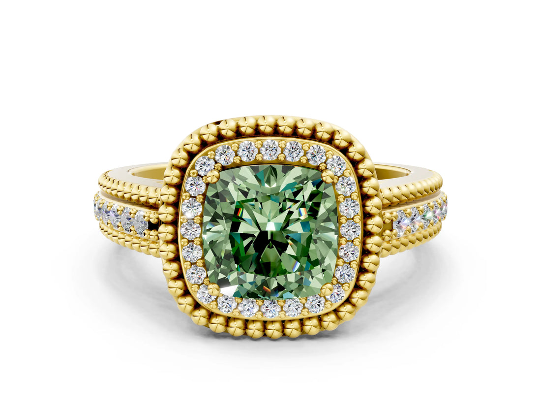 Yellow gold Fancy Green Cushion Cut Halo Diamond Ring with Beaded Split Shank and Four-Prong Setting