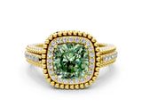 Yellow gold Fancy Green Cushion Cut Halo Diamond Ring with Beaded Split Shank and Four-Prong Setting