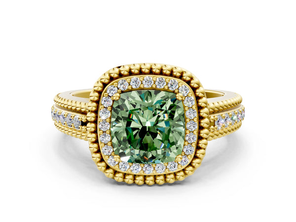 Yellow Gold Cushion Cut Beaded Halo Engagement Ring Setting for Fancy Green Center with Pave