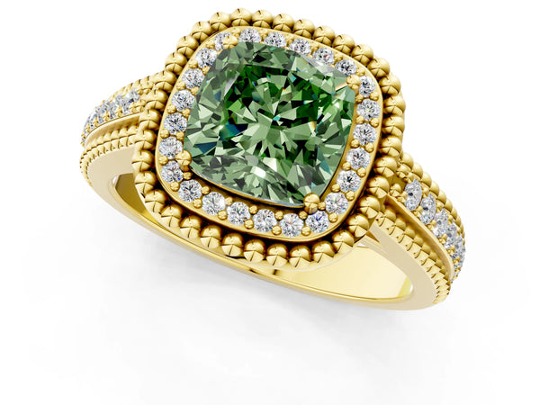 Yellow Gold Cushion Cut Beaded Halo Engagement Ring Setting for Fancy Green Center with Pave