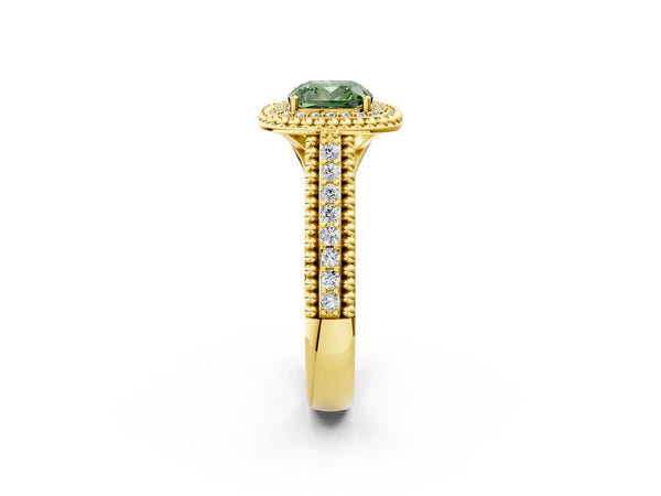 Yellow Gold Cushion Cut Beaded Halo Engagement Ring Setting for Fancy Green Center with Pave