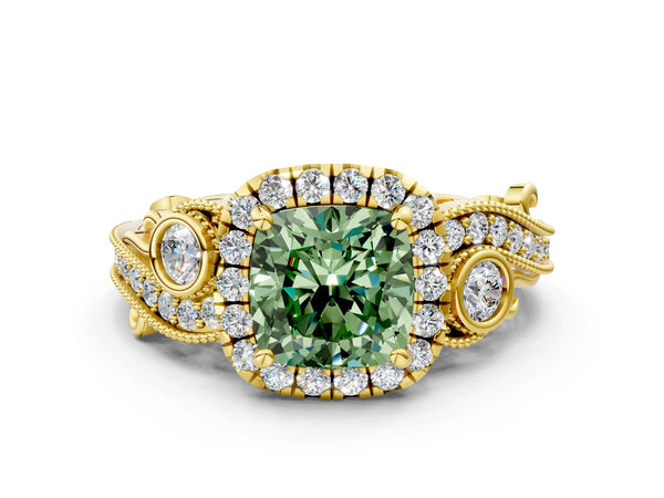 Yellow gold Fancy Green Cushion Cut Halo Diamond Ring with Milgrain and Bezel Accents on a Split Shank Band