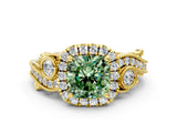Yellow gold Fancy Green Cushion Cut Halo Diamond Ring with Milgrain and Bezel Accents on a Split Shank Band_12