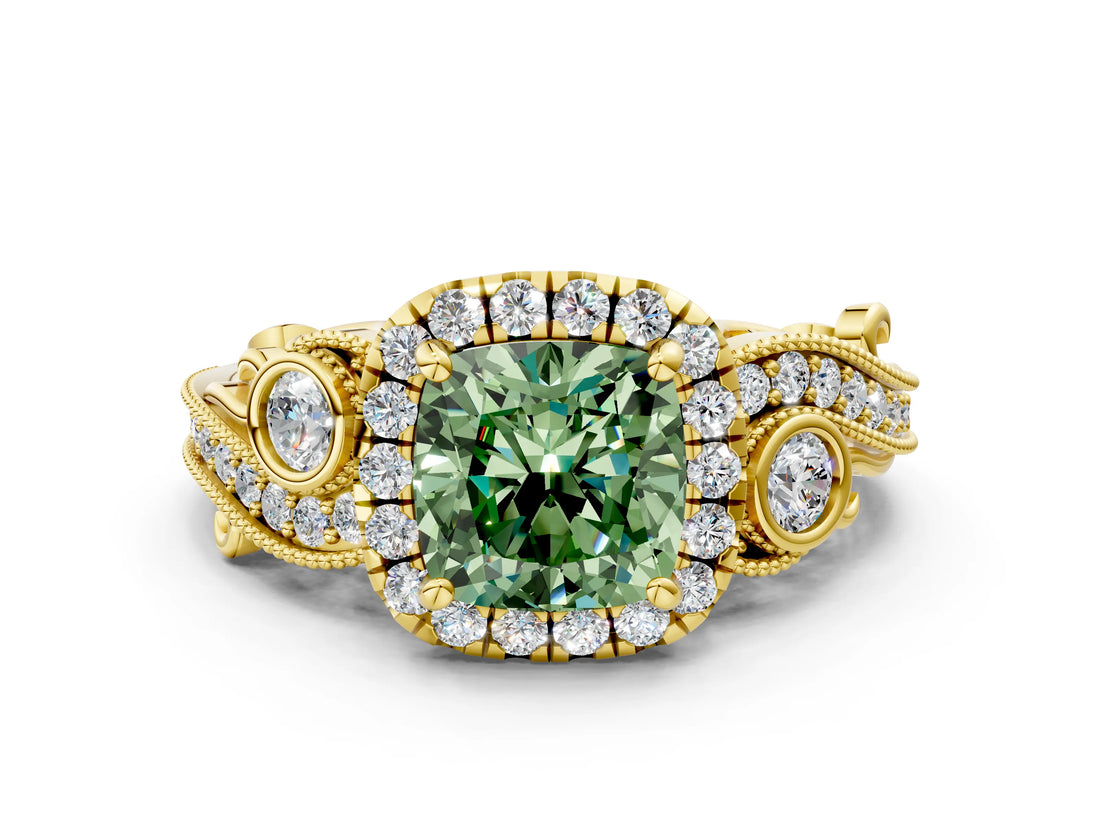 Yellow gold Fancy Green Cushion Cut Halo Diamond Ring with Milgrain and Bezel Accents on a Split Shank Band_12