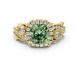 Yellow gold Fancy Green Cushion Cut Halo Diamond Ring with Milgrain and Bezel Accents on a Split Shank Band_12