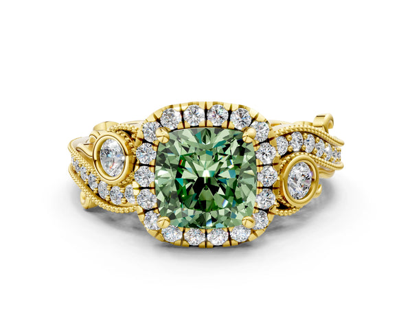 Yellow gold Fancy Green Cushion Cut Halo Diamond Ring with Milgrain and Bezel Accents on a Split Shank Band