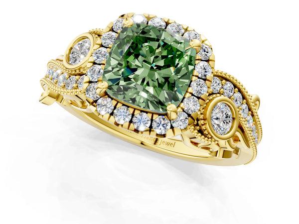 Yellow gold Fancy Green Cushion Cut Halo Diamond Ring with Milgrain and Bezel Accents on a Split Shank Band