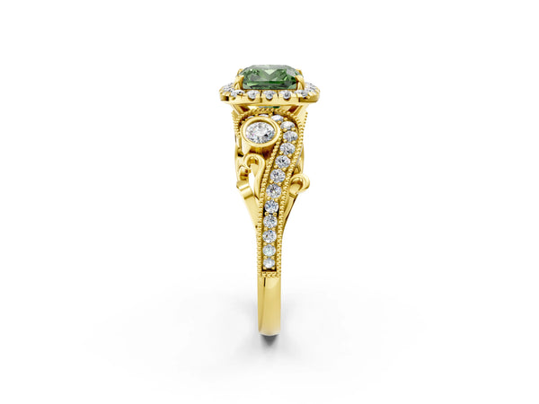 Yellow gold Fancy Green Cushion Cut Halo Diamond Ring with Milgrain and Bezel Accents on a Split Shank Band