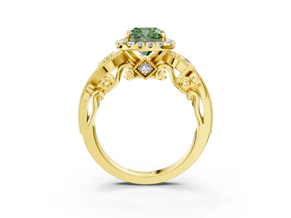 Yellow gold Fancy Green Cushion Cut Halo Diamond Ring with Milgrain and Bezel Accents on a Split Shank Band