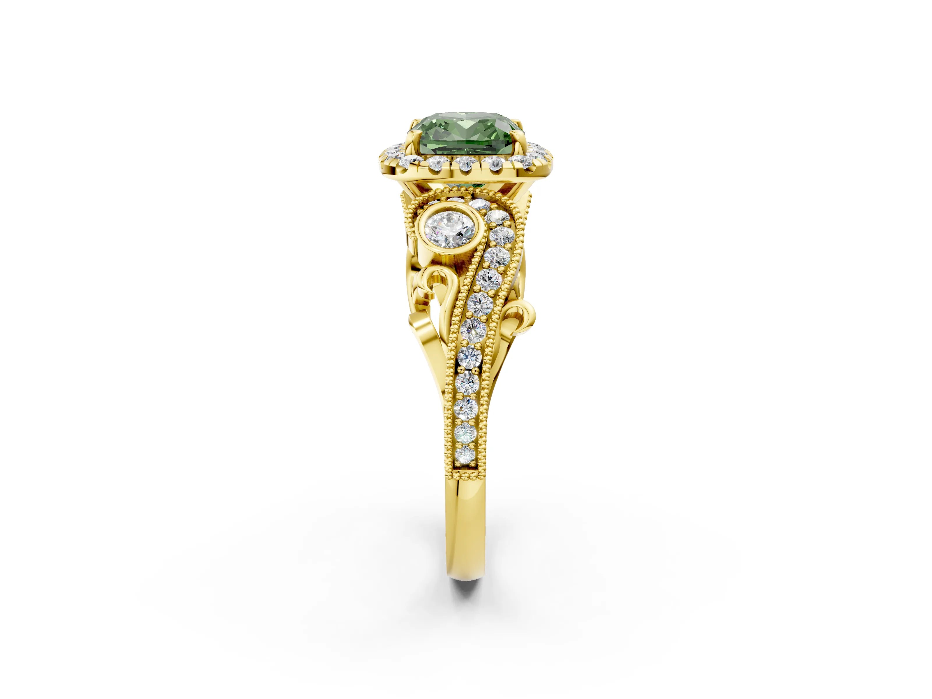 Yellow gold Fancy Green Cushion Cut Halo Diamond Ring with Milgrain and Bezel Accents on a Split Shank Band_2