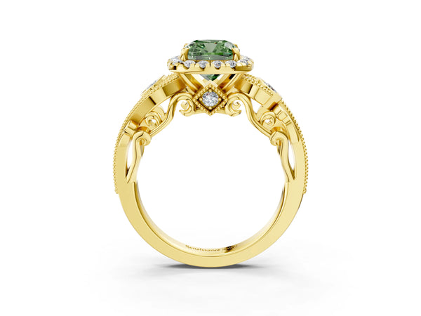 Yellow gold Fancy Green Cushion Cut Halo Diamond Ring with Milgrain and Bezel Accents on a Split Shank Band