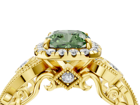 Yellow gold Fancy Green Cushion Cut Halo Diamond Ring with Milgrain and Bezel Accents on a Split Shank Band_4