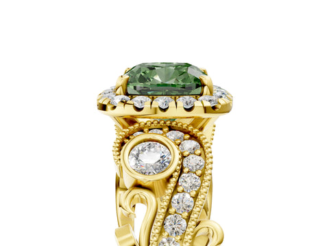 Yellow gold Fancy Green Cushion Cut Halo Diamond Ring with Milgrain and Bezel Accents on a Split Shank Band_5