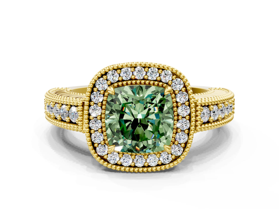 Yellow gold Fancy Green Cushion  Cut Halo Diamond Ring with Pavé Band and Four-Prong Setting_68