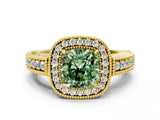 Yellow gold Fancy Green Cushion  Cut Halo Diamond Ring with Pavé Band and Four-Prong Setting_68