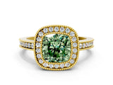 Yellow gold Fancy Green Cushion  Cut Halo Diamond Ring with Pavé Band and Milgrain Prong Setting_32