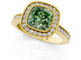 Yellow gold Fancy Green Cushion  Cut Halo Diamond Ring with Pavé Band and Milgrain Prong Setting_33