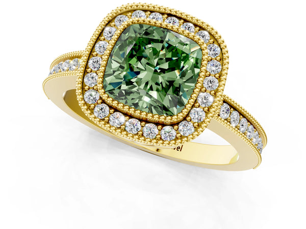 Yellow gold Fancy Green Cushion  Cut Halo Diamond Ring with Pavé Band and Milgrain Prong Setting