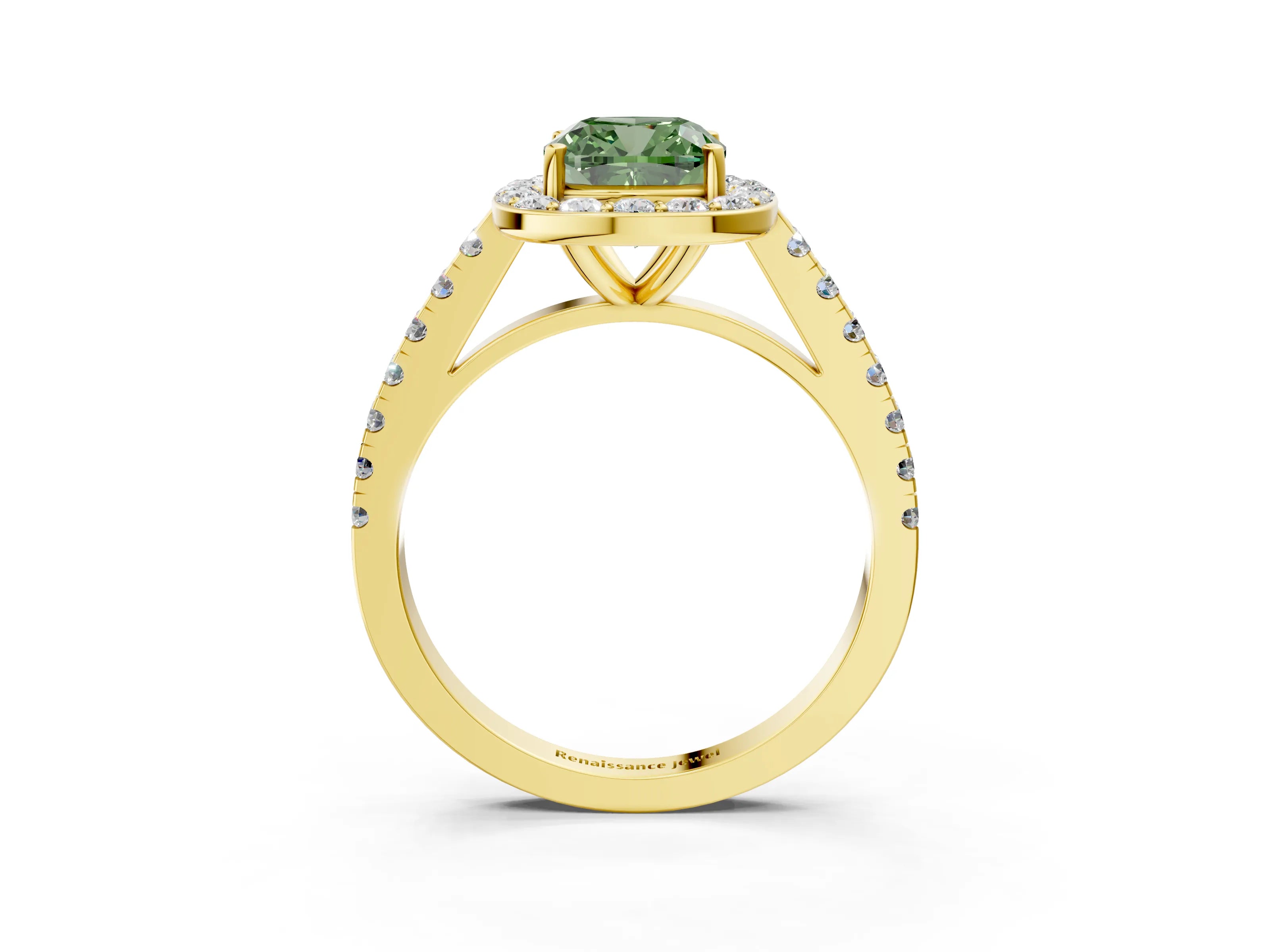 Yellow gold Fancy Green Cushion Cut Halo Diamond Ring with Pavé Band and Three-Prong Setting_3