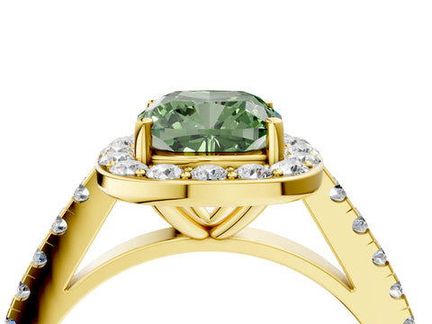 Yellow gold Fancy Green Cushion Cut Halo Diamond Ring with Pavé Band and Three-Prong Setting_4