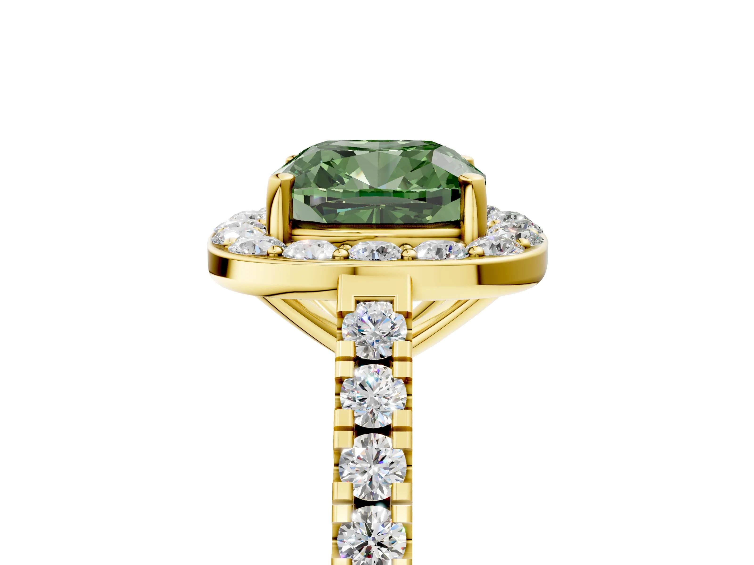 Yellow gold Fancy Green Cushion Cut Halo Diamond Ring with Pavé Band and Three-Prong Setting_5