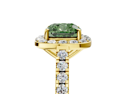 Yellow gold Fancy Green Cushion Cut Halo Diamond Ring with Pavé Band and Three-Prong Setting_5