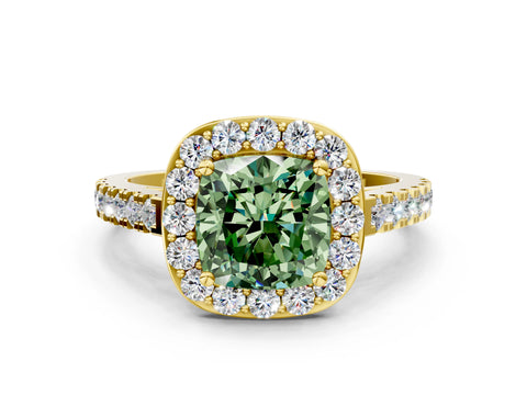 Yellow gold Fancy Green Cushion Cut Halo Diamond Ring with Pavé Band and Three-Prong Setting