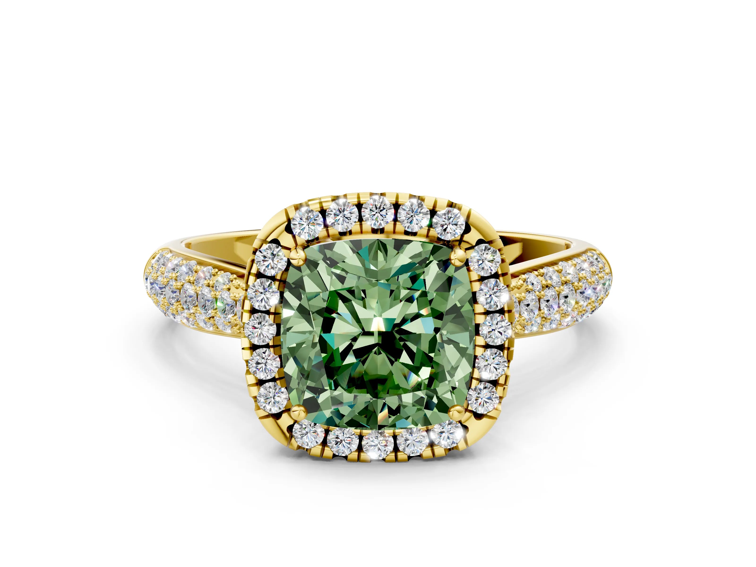 Yellow gold Fancy Green Cushion Cut Halo Diamond Ring with Pavé Band