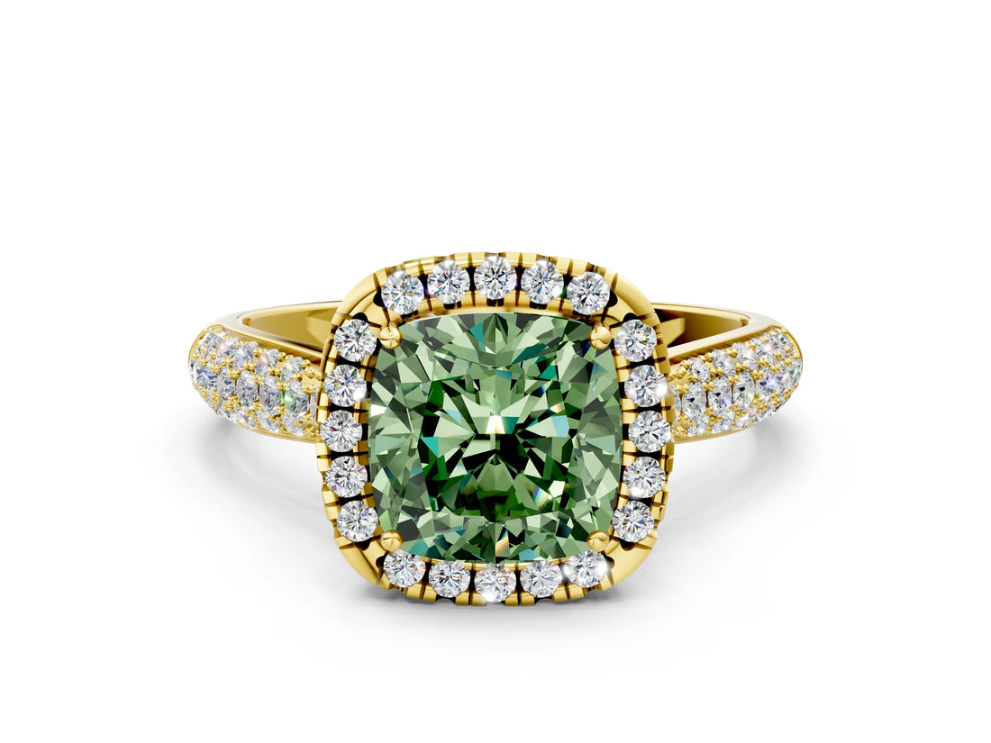 Yellow gold Fancy Green Cushion Cut Halo Diamond Ring with Pavé Band