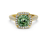 Yellow gold Fancy Green Cushion Cut Halo Diamond Ring with Pavé Band