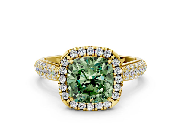 Yellow gold Fancy Green Cushion Cut Halo Diamond Ring with Pavé Band