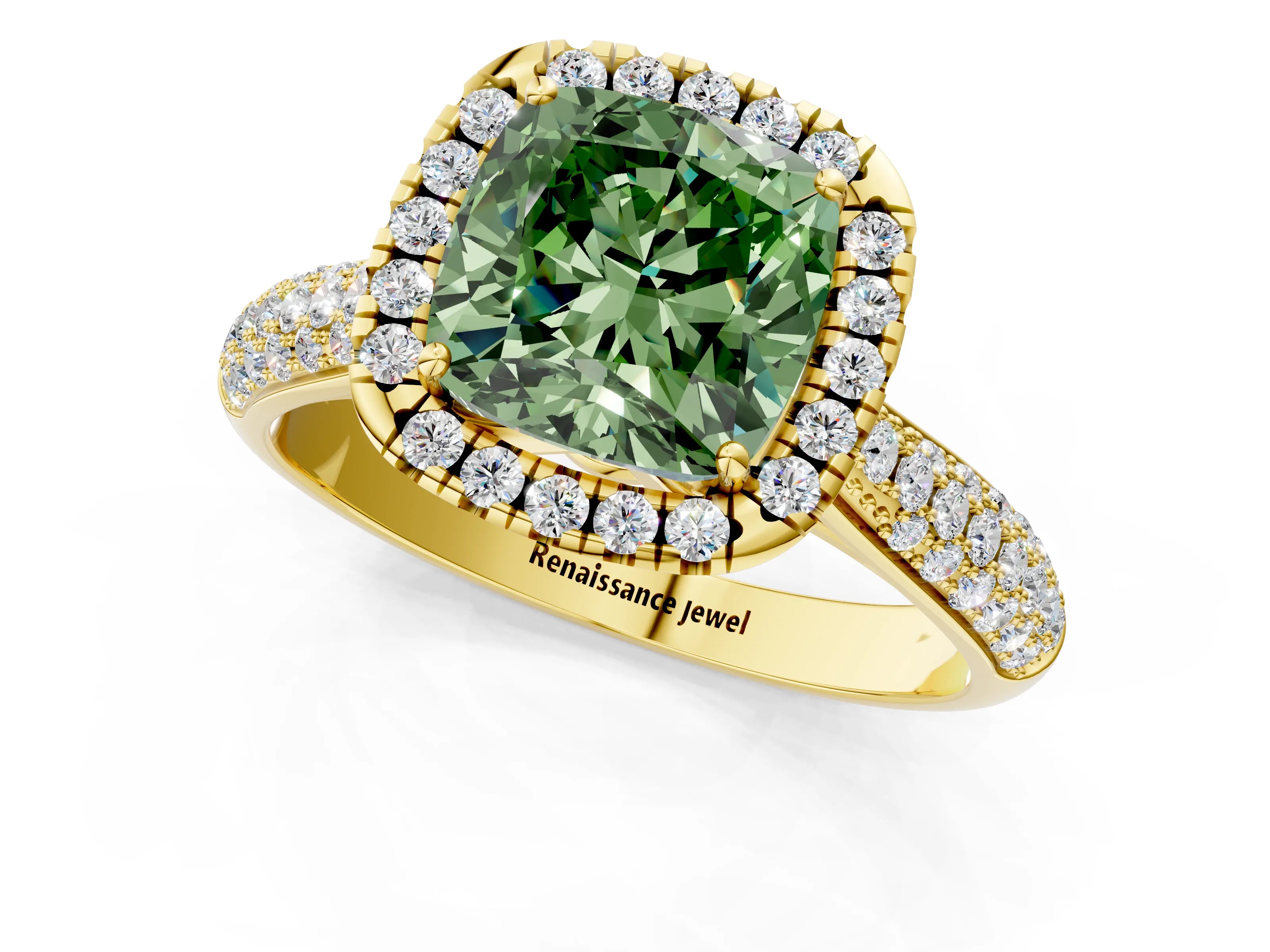 Yellow gold Fancy Green Cushion Cut Halo Diamond Ring with Pavé Band_1