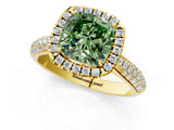 Yellow gold Fancy Green Cushion Cut Halo Diamond Ring with Pavé Band_1