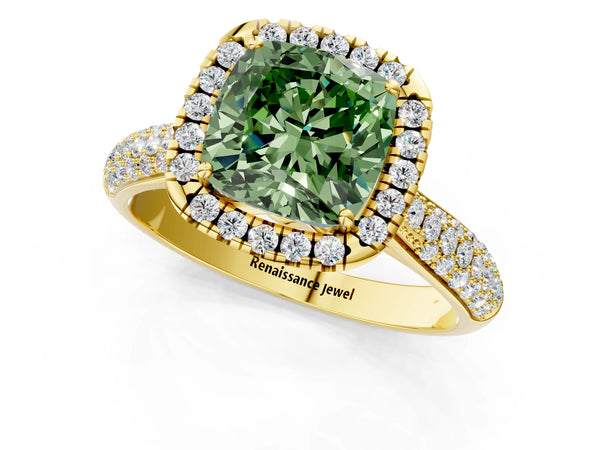 Yellow gold Fancy Green Cushion Cut Halo Diamond Ring with Pavé Band