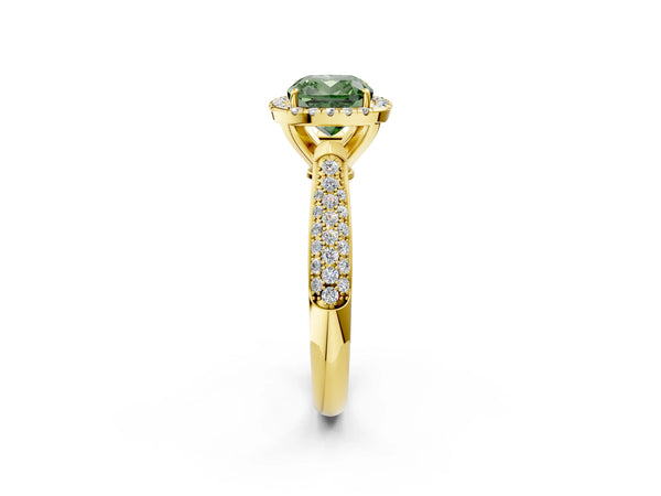 Yellow gold Fancy Green Cushion Cut Halo Diamond Ring with Pavé Band