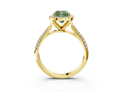 Yellow gold Fancy Green Cushion Cut Halo Diamond Ring with Pavé Band_3