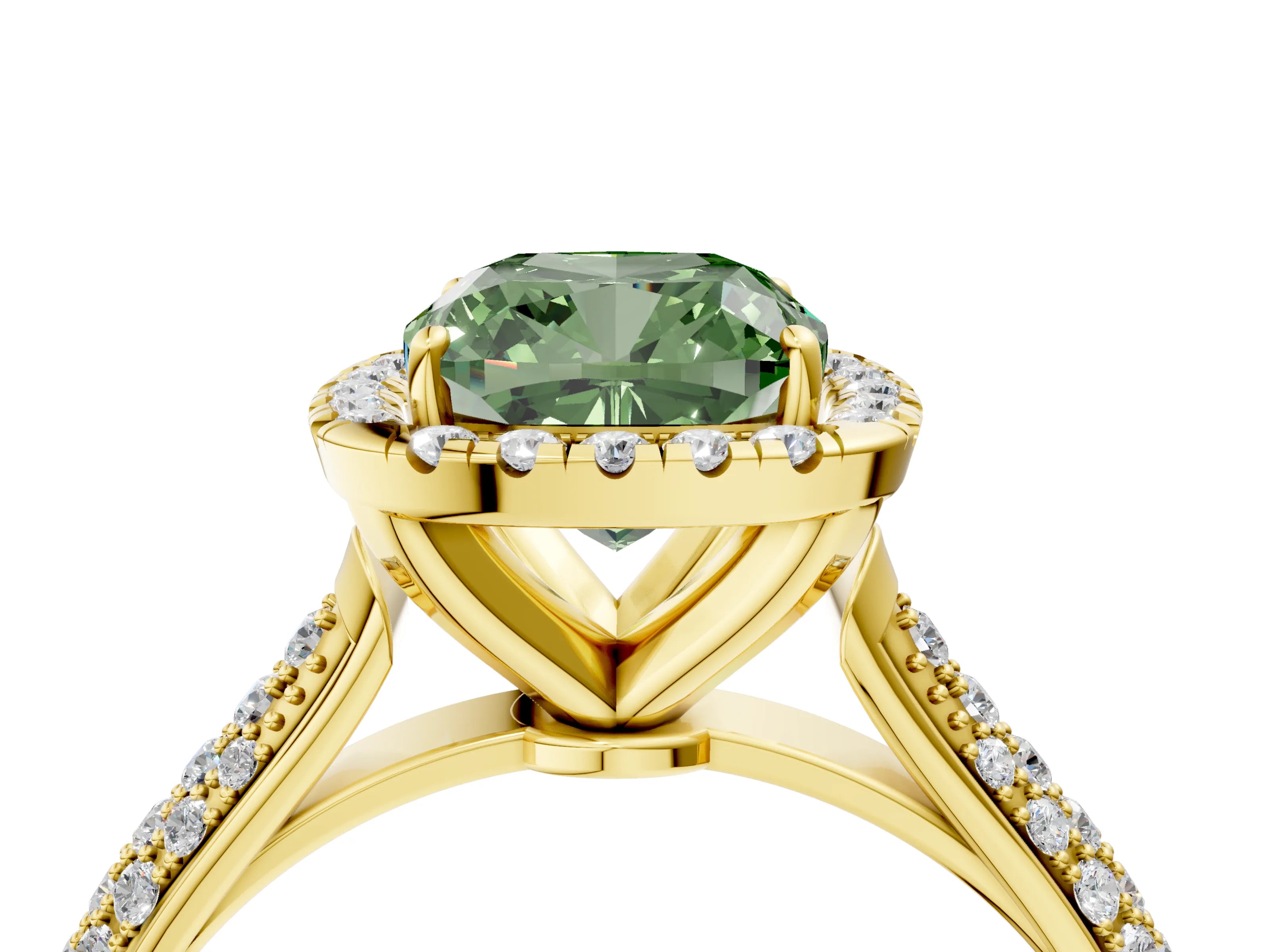 Yellow gold Fancy Green Cushion Cut Halo Diamond Ring with Pavé Band_4